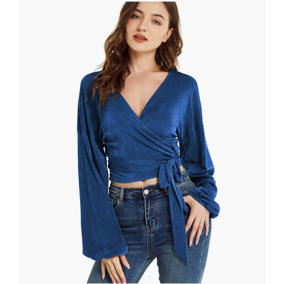 Blue Glitter Knit Tie Front Belted V-Neck Long‎ Sleeve Bishop Wrap Sweater Top